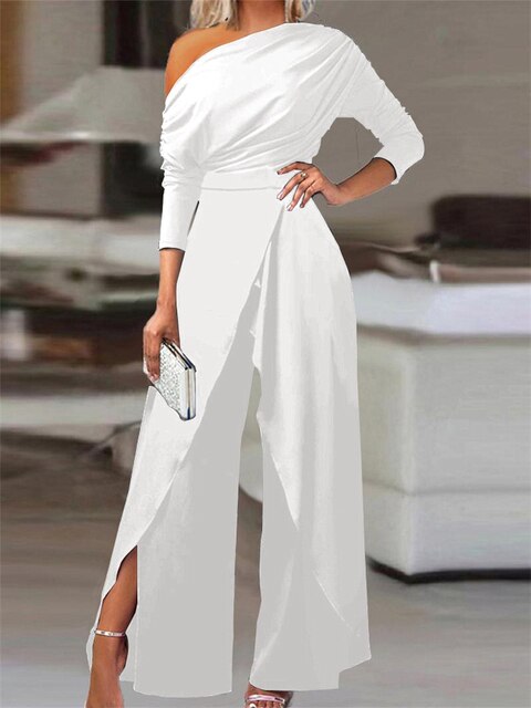 Women's Jumpsuit - Elegant One-Shoulder Design - Long-Sleeved - Fitted Waist - Wide Legs