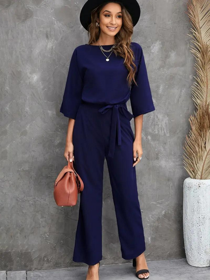 Women's Jumpsuit – Relaxed Fit – Breathable Soft Quality – 3/4 Sleeves – Waist Belt