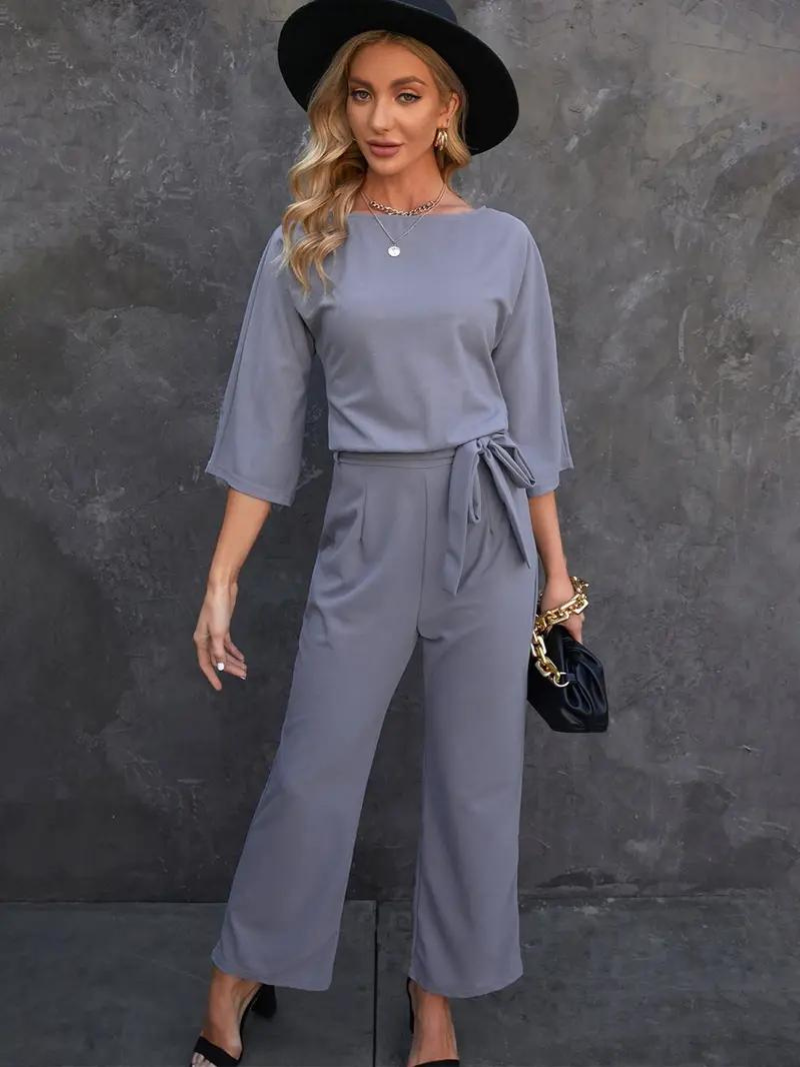 Women's Jumpsuit – Relaxed Fit – Breathable Soft Quality – 3/4 Sleeves – Waist Belt