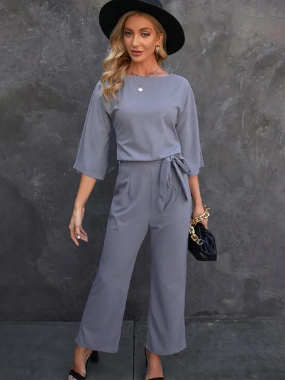 Women's Jumpsuit – Relaxed Fit – Breathable Soft Quality – 3/4 Sleeves – Waist Belt