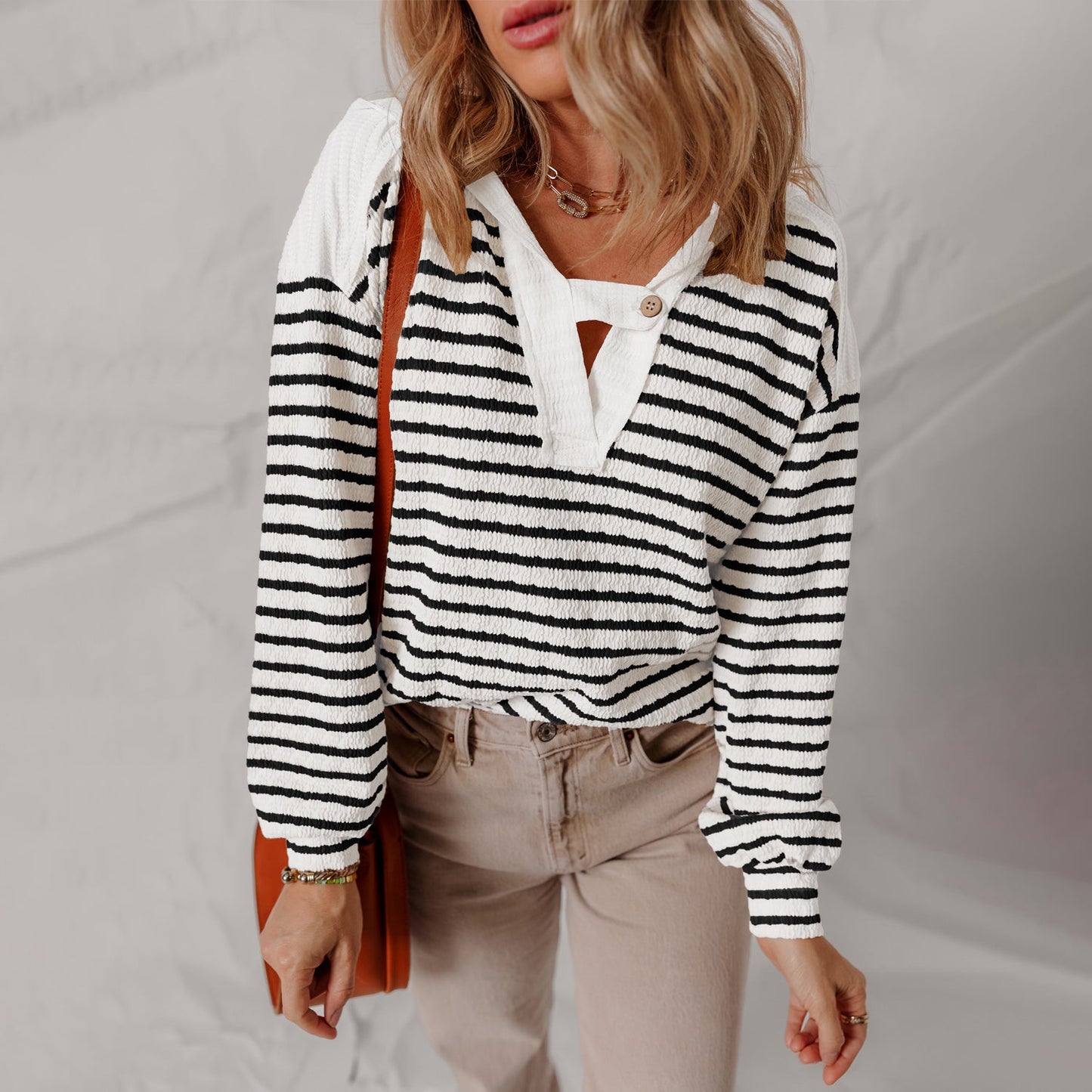 Isla Relaxed Fit Sweater | Buttoned V-Neck Striped Sweater