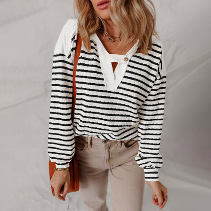 Isla Relaxed Fit Sweater | Buttoned V-Neck Striped Sweater