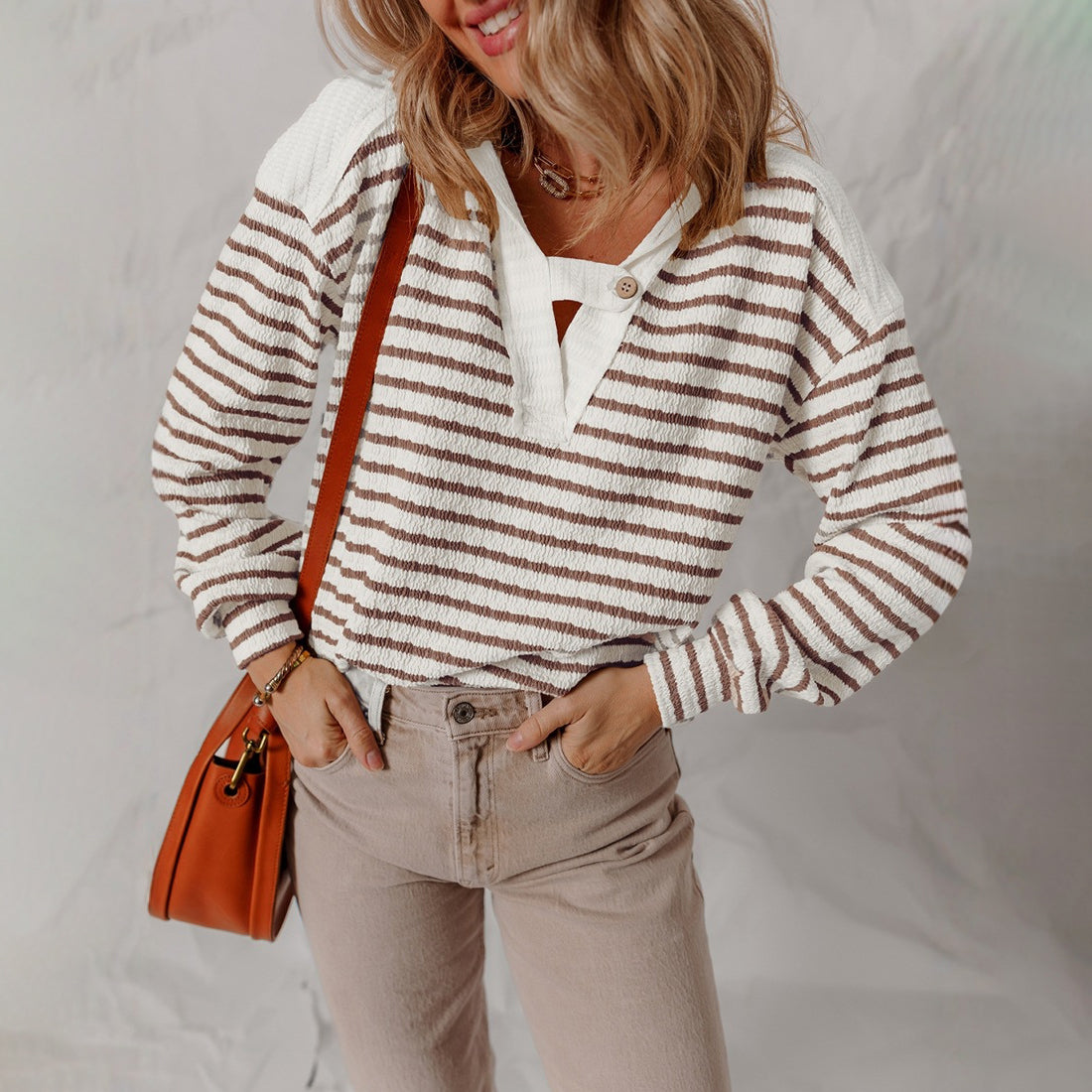 Isla Relaxed Fit Sweater | Buttoned V-Neck Striped Sweater