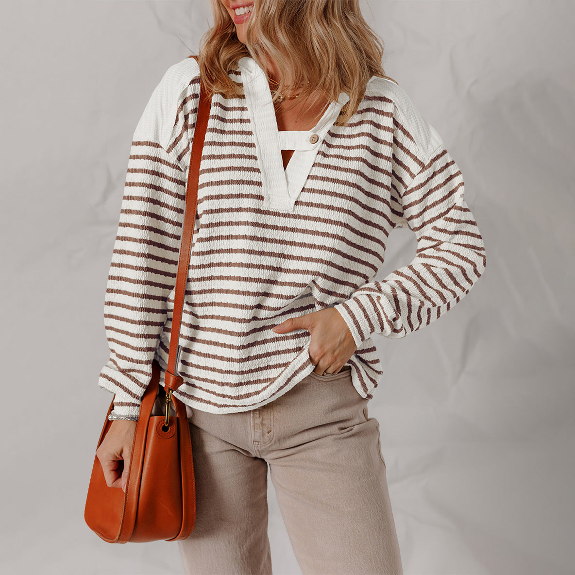 Isla Relaxed Fit Sweater | Buttoned V-Neck Striped Sweater
