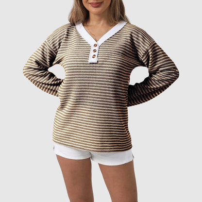 Elisa Relaxed Fit Henley Sweater | Striped Button Front Sweater