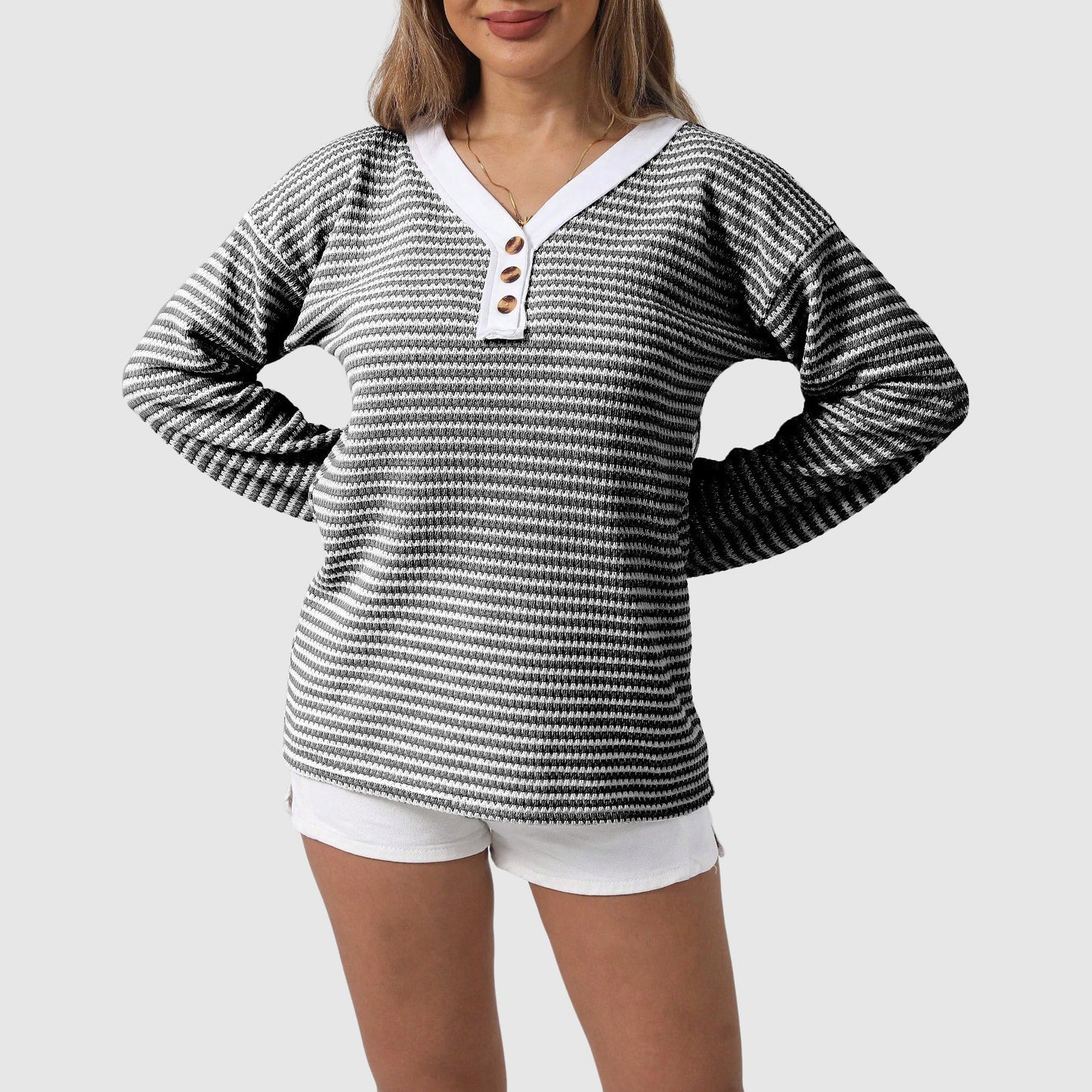 Elisa Relaxed Fit Henley Sweater | Striped Button Front Sweater