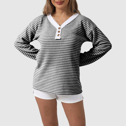 Elisa Relaxed Fit Henley Sweater | Striped Button Front Sweater