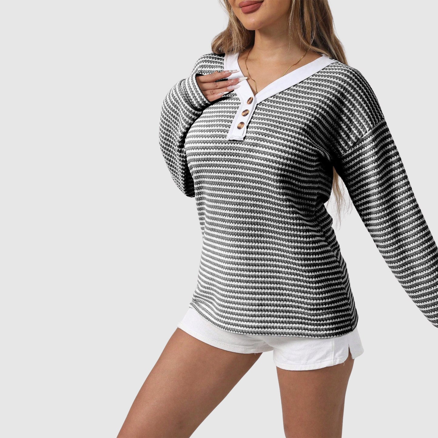 Elisa Relaxed Fit Henley Sweater | Striped Button Front Sweater