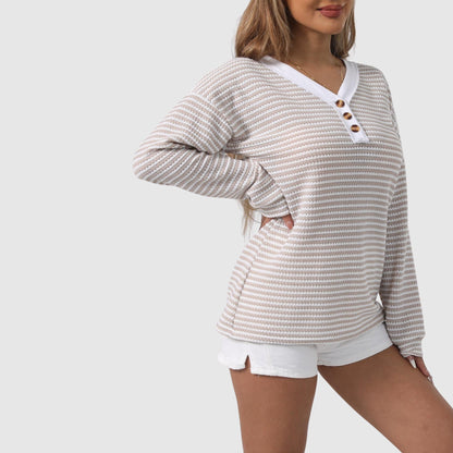 Elisa Relaxed Fit Henley Sweater | Striped Button Front Sweater