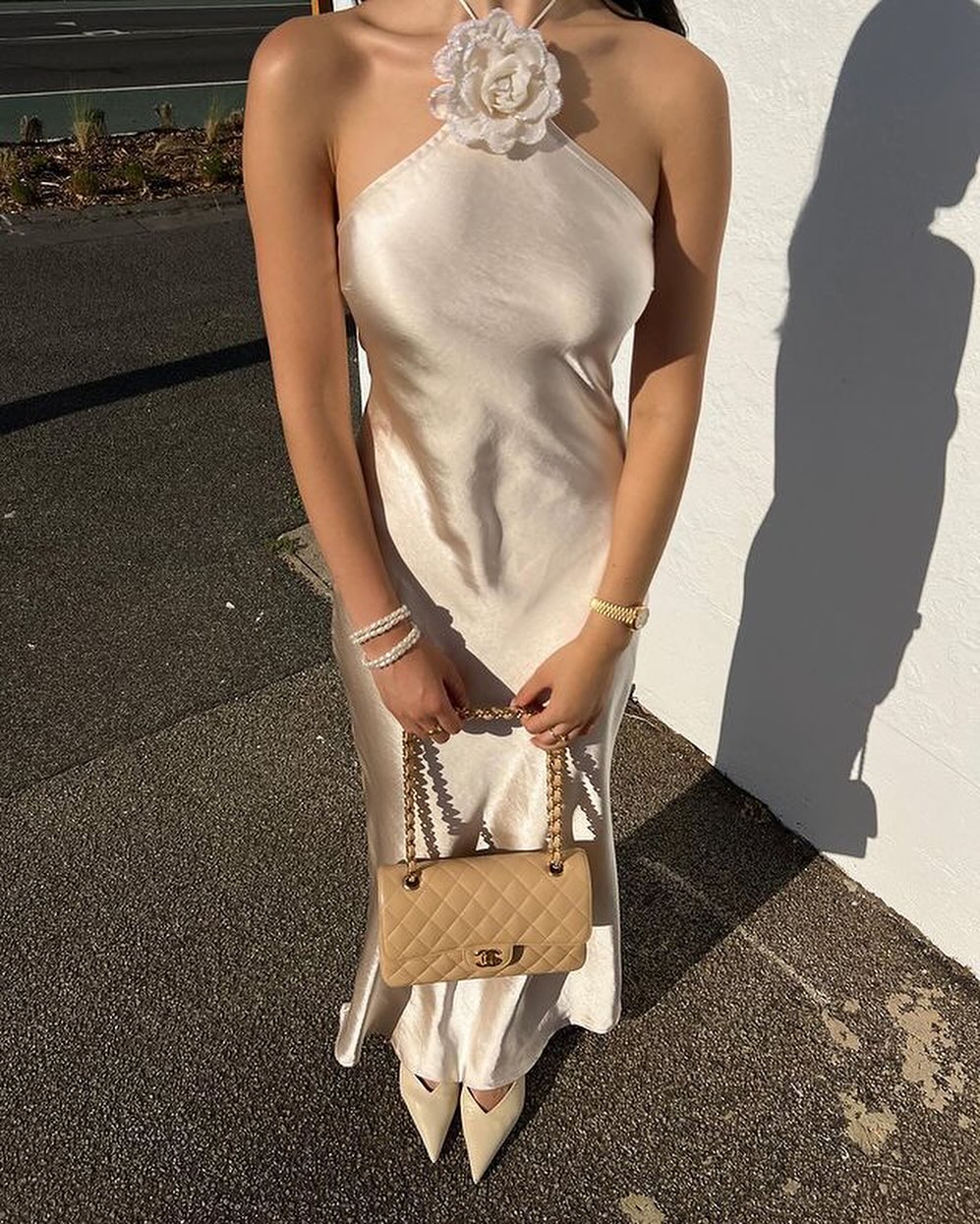 Women's Evening Dress – Full Length – Bias Cut – Asymmetric Floral Neckline