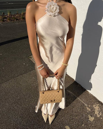 Women's Evening Dress – Full Length – Bias Cut – Asymmetric Floral Neckline