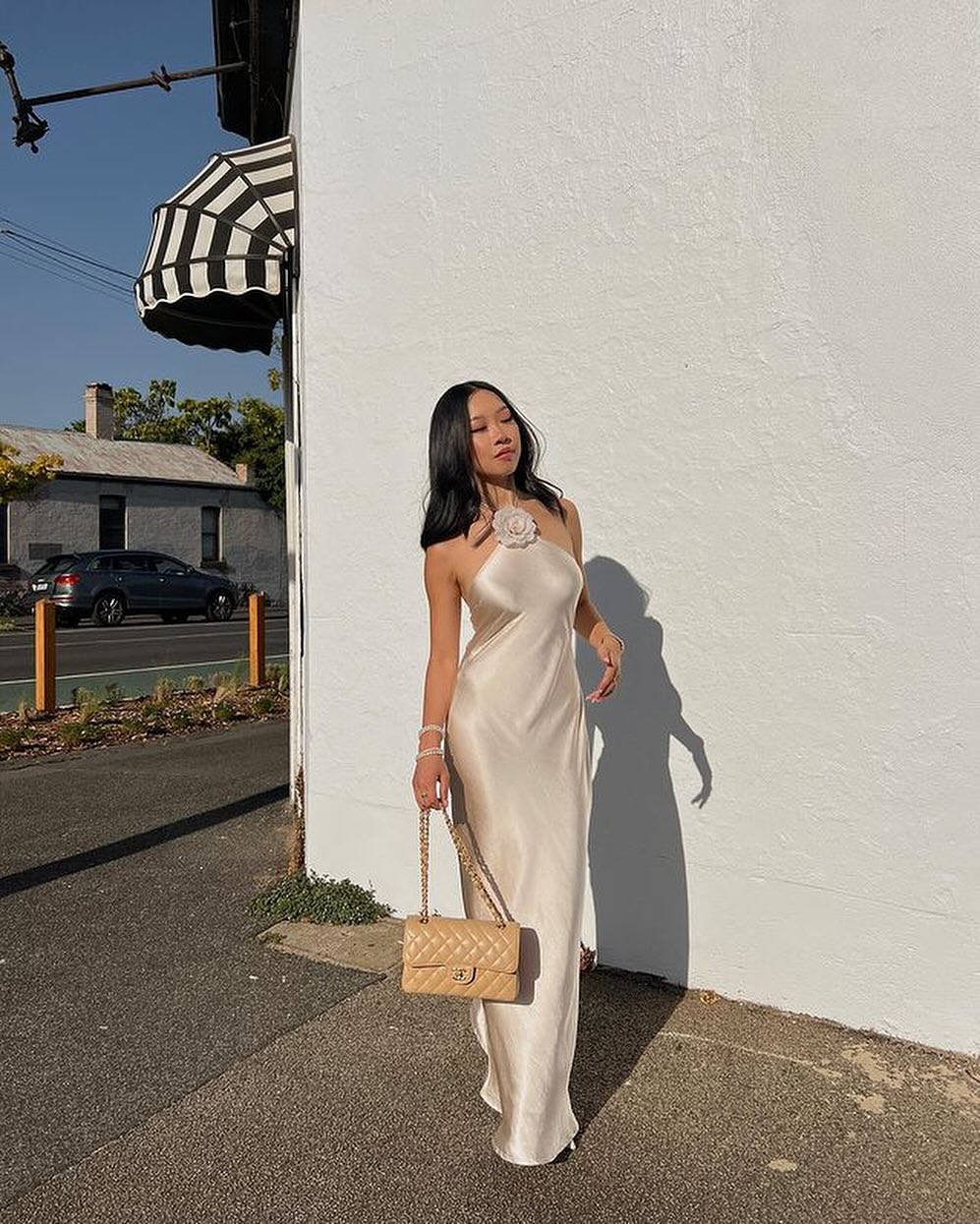 Women's Evening Dress – Full Length – Bias Cut – Asymmetric Floral Neckline