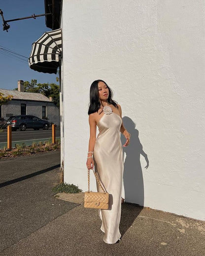 Women's Evening Dress – Full Length – Bias Cut – Asymmetric Floral Neckline