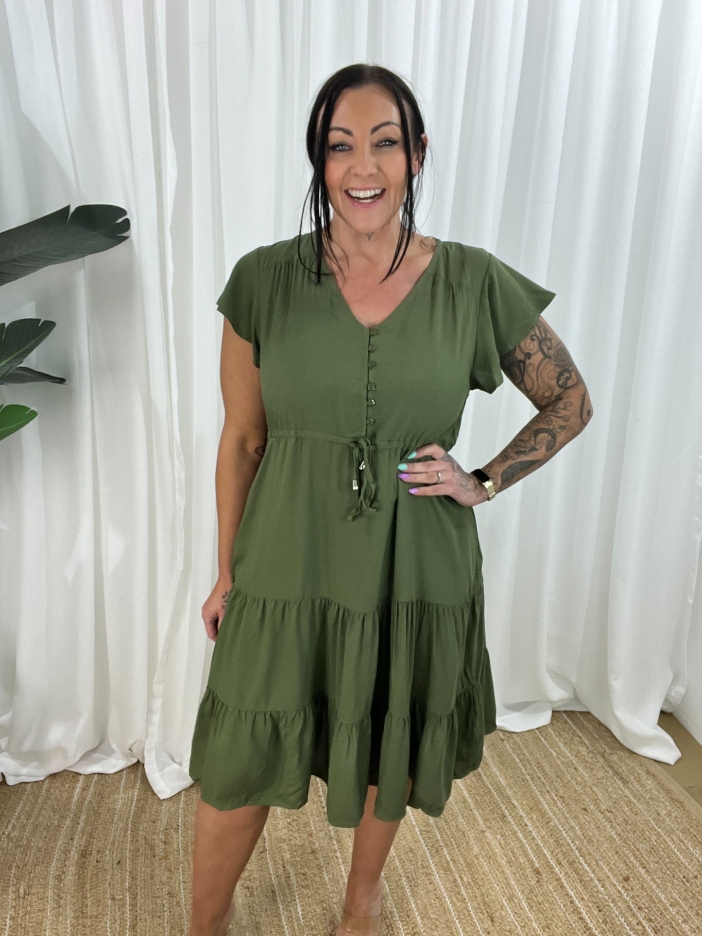 Women's Dress - V-neck - Button Closure - Adjustable Waist - Short Sleeves - Loose Fit