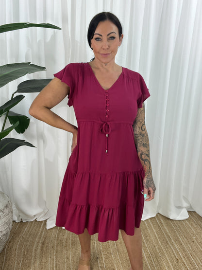 Women's Dress - V-neck - Button Closure - Adjustable Waist - Short Sleeves - Loose Fit