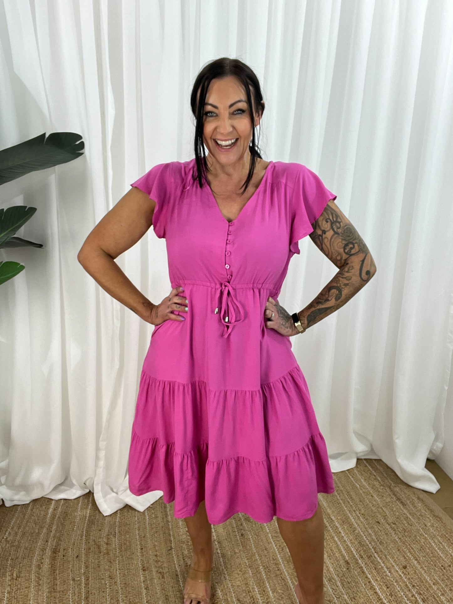 Women's Dress - V-neck - Button Closure - Adjustable Waist - Short Sleeves - Loose Fit