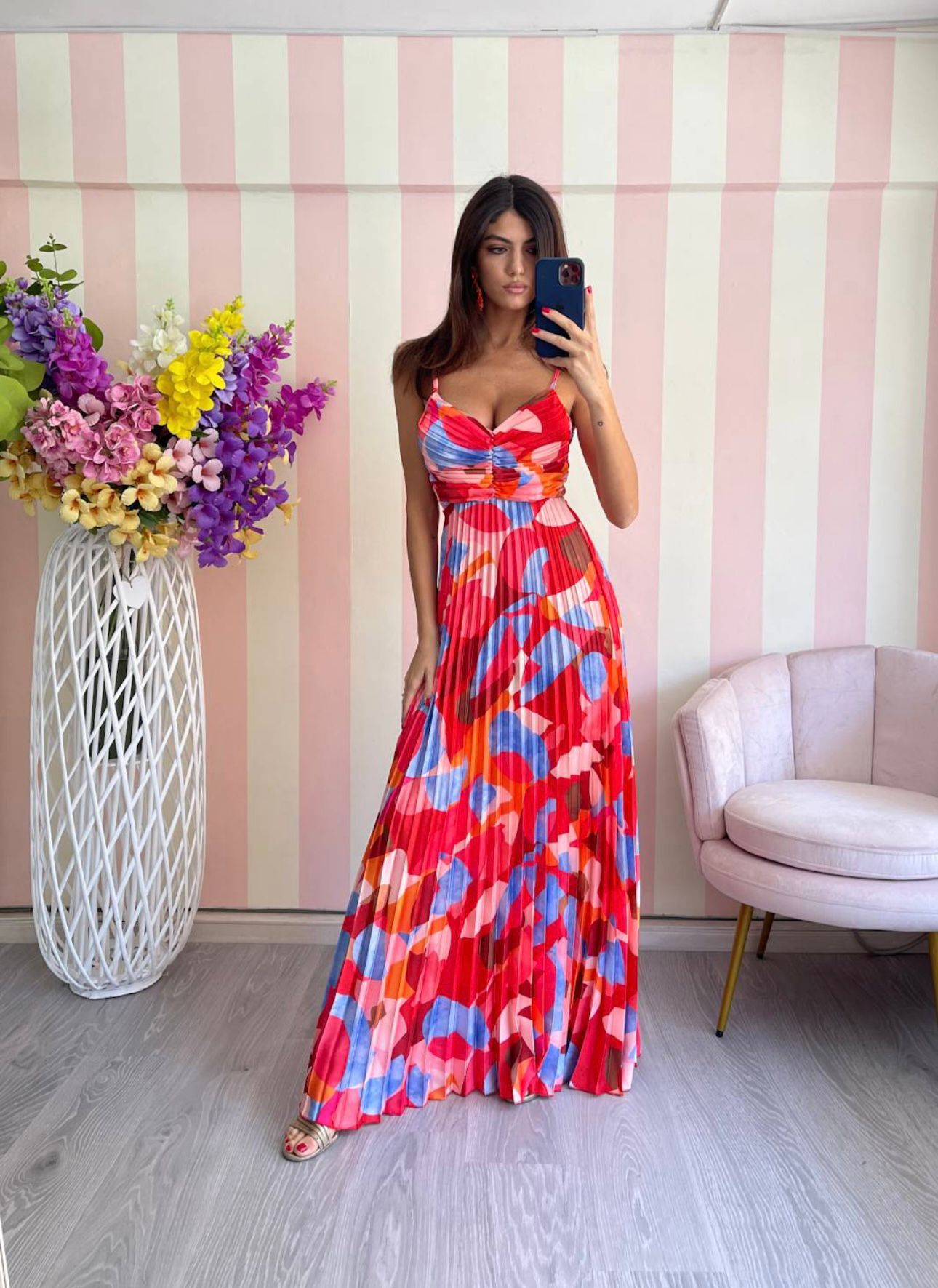 Women's Maxi Dress - Sleeveless with Spaghetti Straps - Pleated Skirt - Elegant Fit