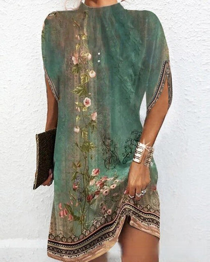 Dress for Women – Loose Fit – High Neck – Botanical Pattern – Light and Breathable