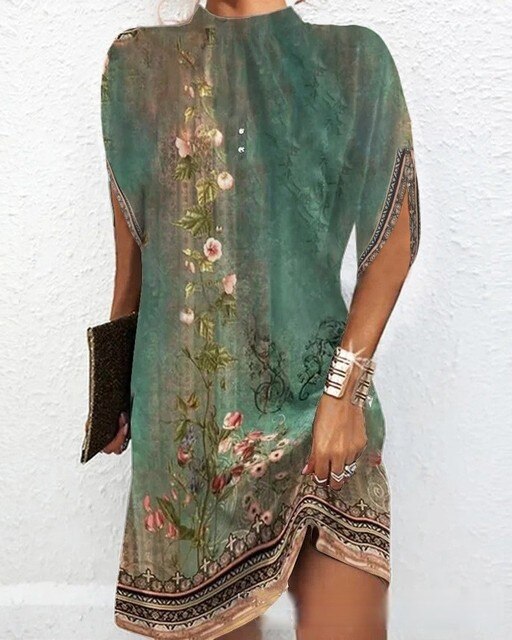 Dress for Women – Loose Fit – High Neck – Botanical Pattern – Light and Breathable