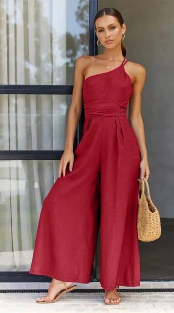 Dame Jumpsuit - Én Skulder Asymmetrisk - Flowy Pasform - Elegante Vide Ben