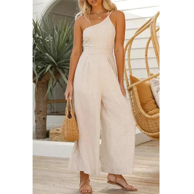 Dame Jumpsuit - Én Skulder Asymmetrisk - Flowy Pasform - Elegante Vide Ben