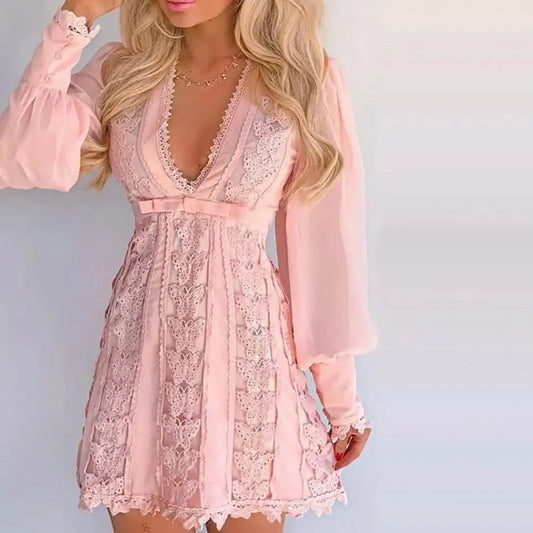 Dress for Women - Fit & Flare - Lace & V-Neck - Long Sleeves - Elegant Party Dress