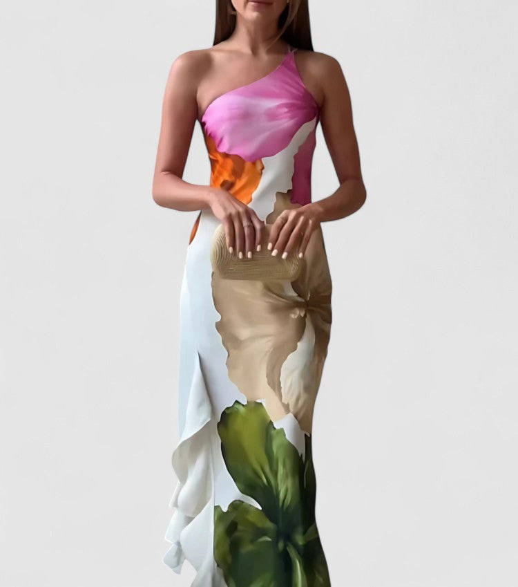 Dress for Women – Evening Dress in Silk-Look – Fitted – Asymmetric Neckline – Patchwork Maxi