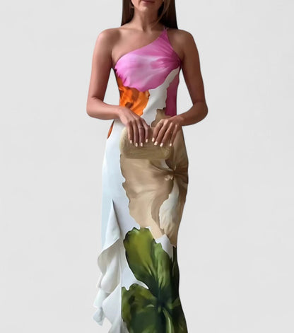 Dress for Women – Evening Dress in Silk-Look – Fitted – Asymmetric Neckline – Patchwork Maxi