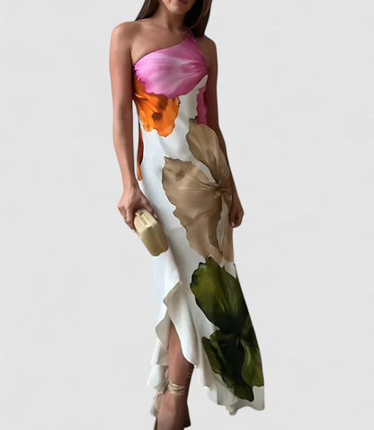 Dress for Women – Evening Dress in Silk-Look – Fitted – Asymmetric Neckline – Patchwork Maxi