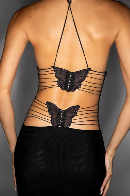 Women's Maxi Dress – Sleeveless – Open Back with Butterfly Details – Slim Fit