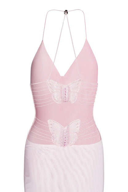 Women's Maxi Dress – Sleeveless – Open Back with Butterfly Details – Slim Fit