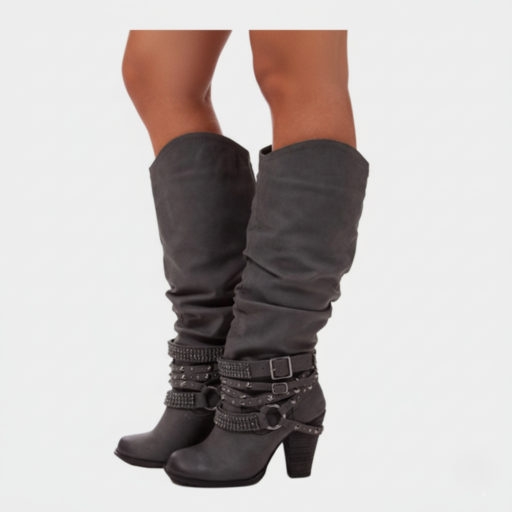 Women’s Knee-High Boots – Slouchy Fit – Block Heel – Embellished Strap Accents