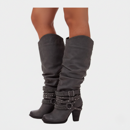 Women’s Knee-High Boots – Slouchy Fit – Block Heel – Embellished Strap Accents