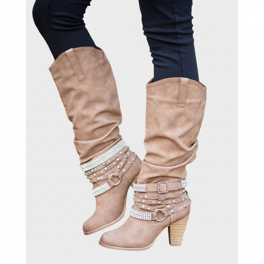 Women’s Knee-High Boots – Slouchy Fit – Block Heel – Embellished Strap Accents