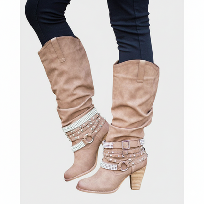 Women’s Knee-High Boots – Slouchy Fit – Block Heel – Embellished Strap Accents