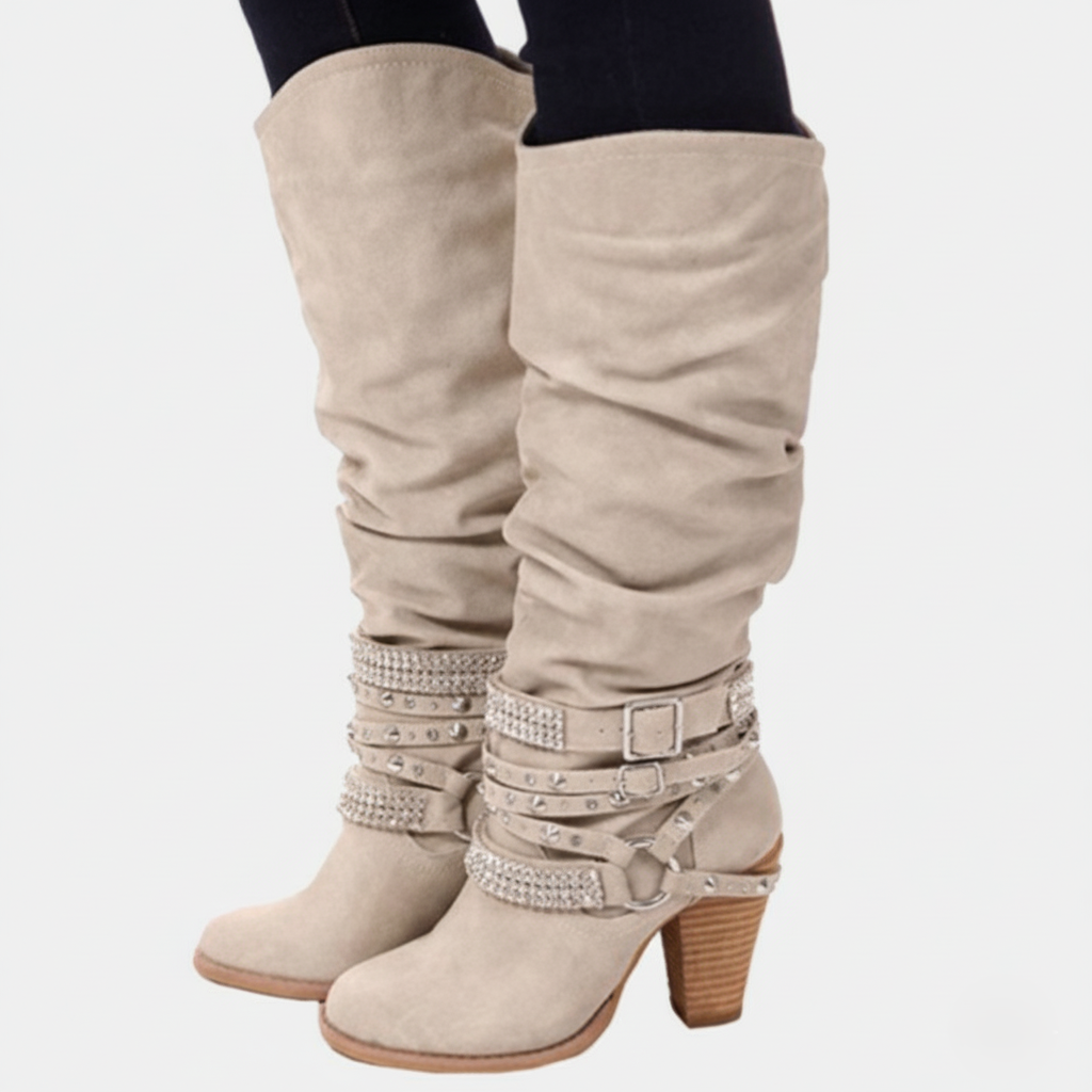 Women’s Knee-High Boots – Slouchy Fit – Block Heel – Embellished Strap Accents
