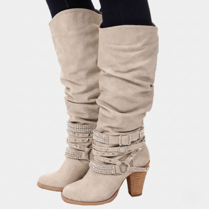 Women’s Knee-High Boots – Slouchy Fit – Block Heel – Embellished Strap Accents
