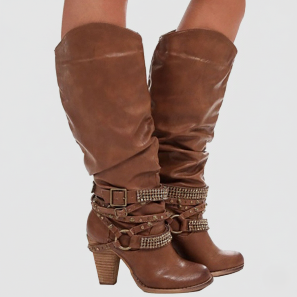 Women’s Knee-High Boots – Slouchy Fit – Block Heel – Embellished Strap Accents