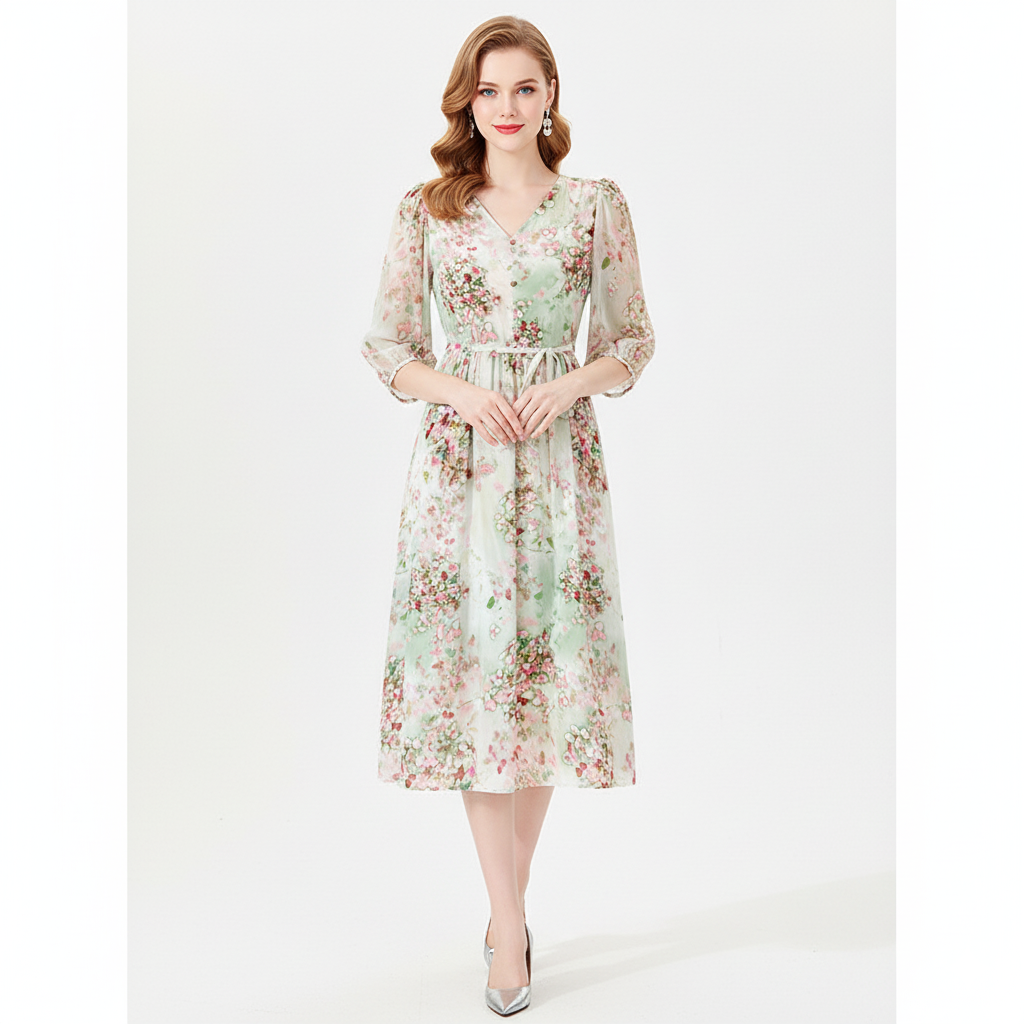 Eloraine – Floral Midi Dress with V-Neckline