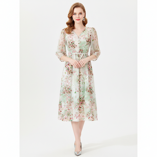 Eloraine – Floral Midi Dress with V-Neckline