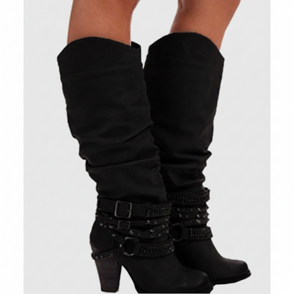 Women’s Knee-High Boots – Slouchy Fit – Block Heel – Embellished Strap Accents