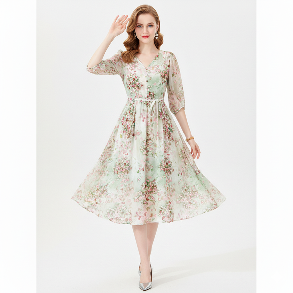 Eloraine – Floral Midi Dress with V-Neckline