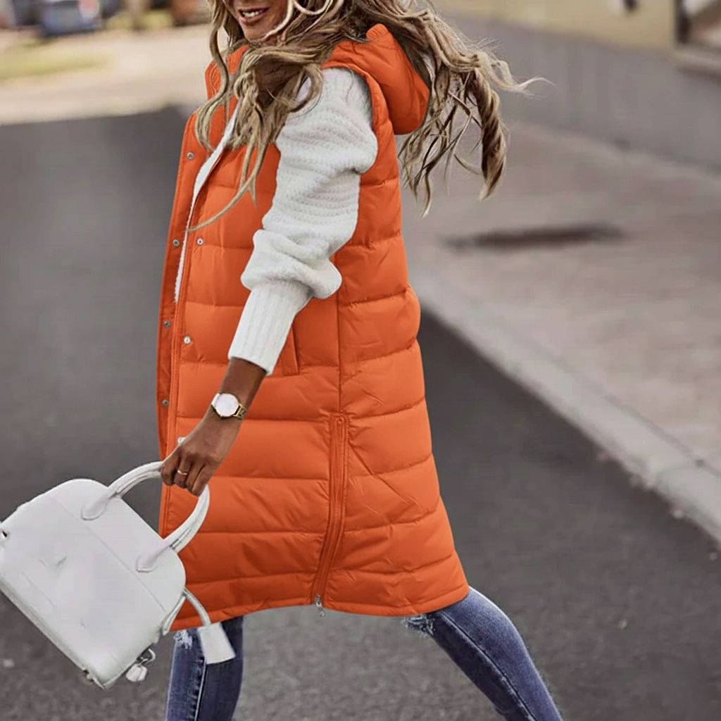 Women's Vest – Quilted Long Sleeveless – Hood – Warm Insulated Layer For Everyday