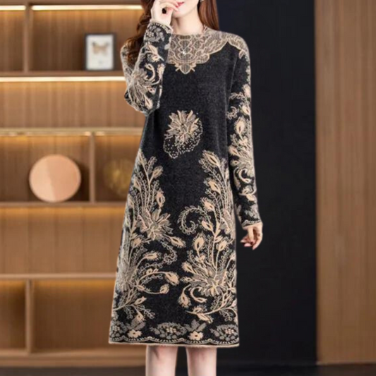 Women's Knit Dress - Long-Sleeved - Knee-Length - Elegant Floral Details - Comfort Fit