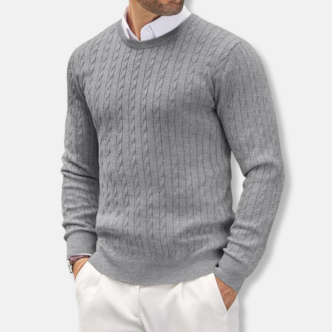 Men's Knit Sweater – Slim Fit – Fine Knit – Round Neck – Cable Knit Details