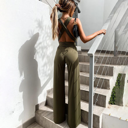 Dame Jumpsuit - Ærmeløs - V-udskæring - Bred Ben - Taljebånd - Elegant og Luftig