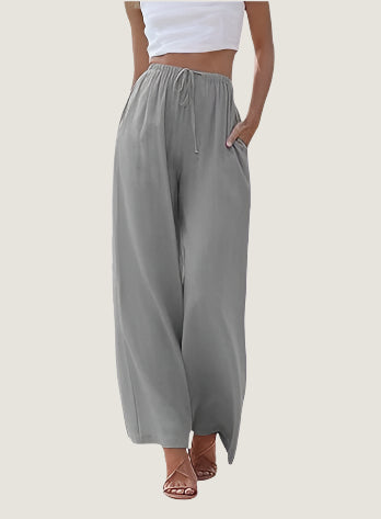 Women's Trousers – Wide Fit – Linen Blend – Drawstring Closure – With Side Pockets