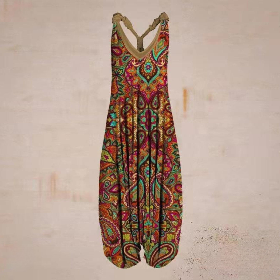 Women's Jumpsuit – Loose-Fitting Harem Style – Sleeveless V-Neck – Bohemian Casual Look