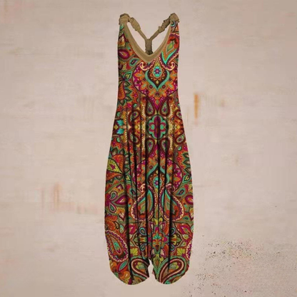 Women's Jumpsuit – Loose-Fitting Harem Style – Sleeveless V-Neck – Bohemian Casual Look