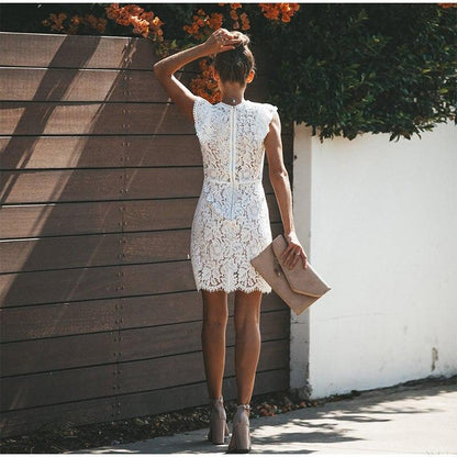 Dress for women – Slim fit lace – Mini length – High neck – Short sleeves
